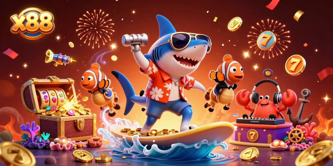 Hit big with x88 through vibrant casino-themed underwater adventure illustration.