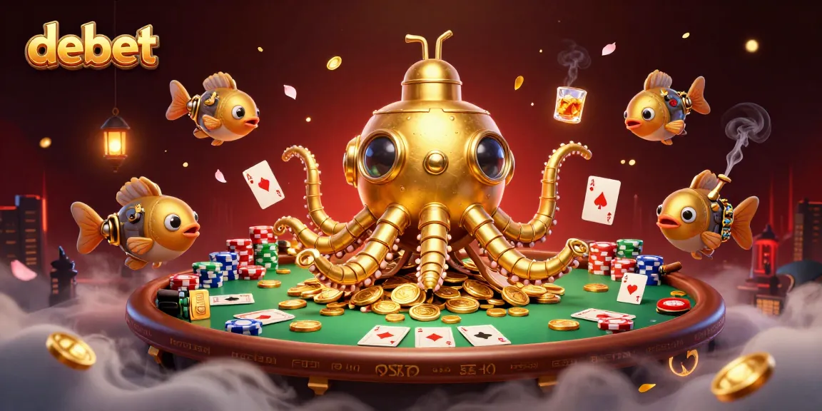 Engage with debet poker action featuring a golden kraken submarine, chips, and playing cards.