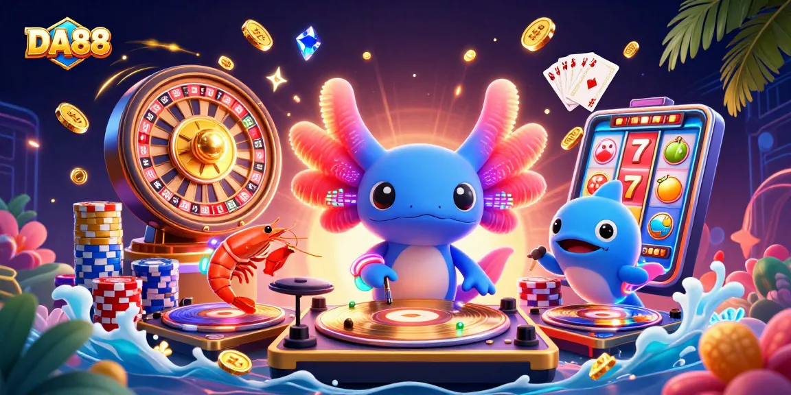 Engage with DA88's vibrant casino scene featuring dynamic slot reels and lively characters underwater.