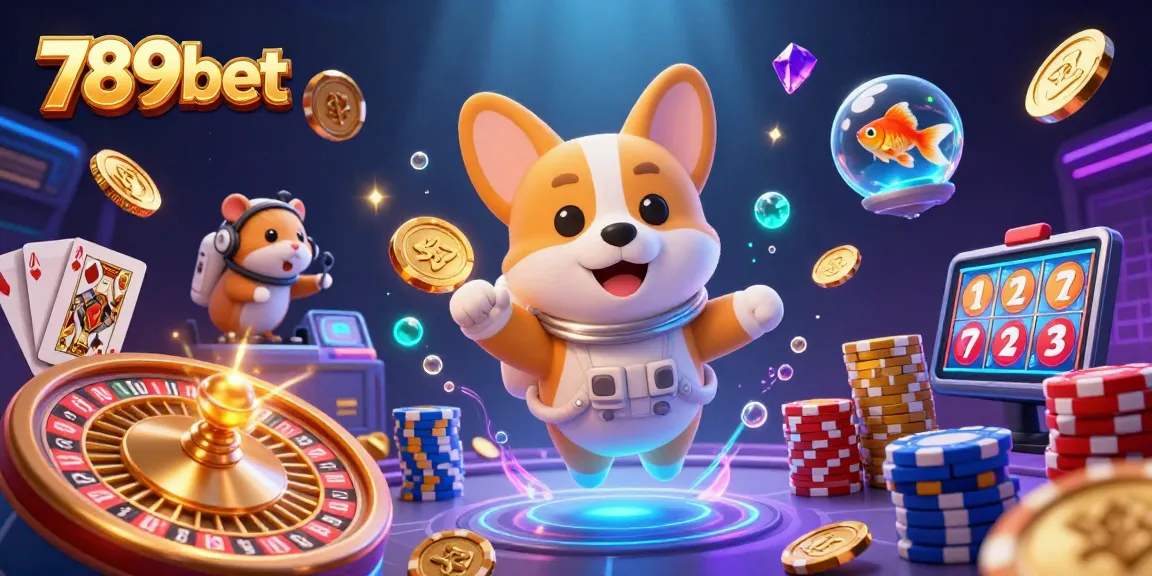 Experience the excitement of 789bet in a casino-themed illustration featuring an astronaut corgi and vibrant game elements.