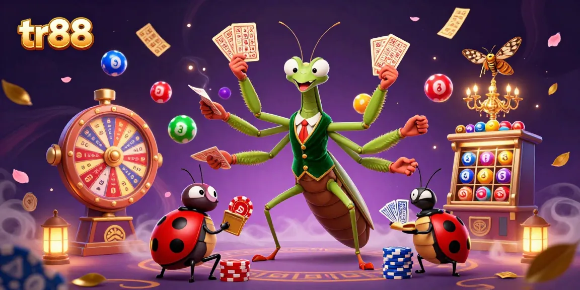tr88 engaging scene with a giant mantis card sharp, vivid lottery balls, and dynamic game elements