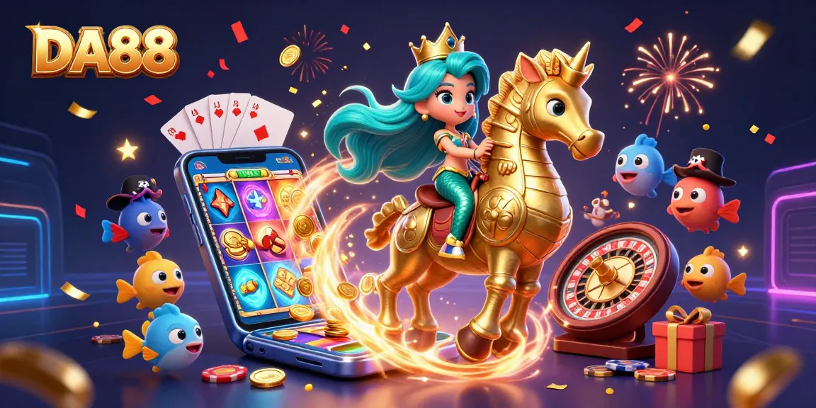 Play slots and win with DA88 as a 3D cartoon mermaid princess rides a golden seahorse.