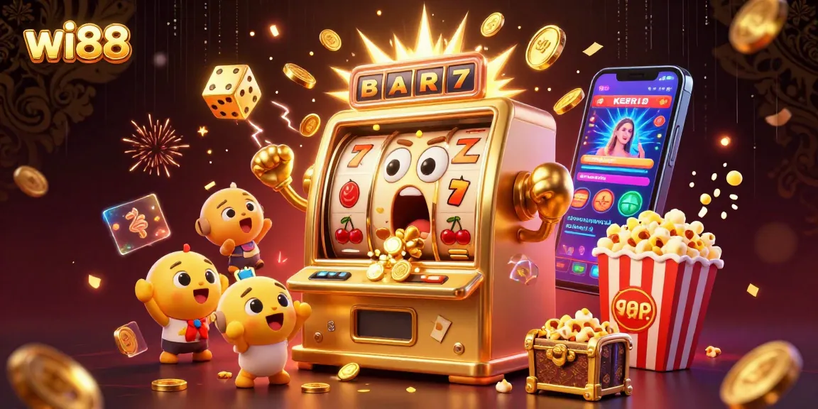 Experience the excitement of wi88 as the jackpot explodes with coins, and slot machines celebrate in a vibrant casino scene.