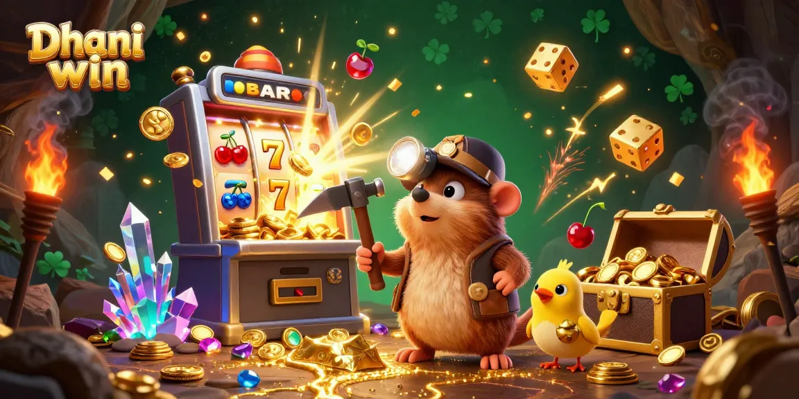 Dive into Dhani win's thrilling casino adventures with a treasure hunting mole, showcasing vibrant slot games and rewards.