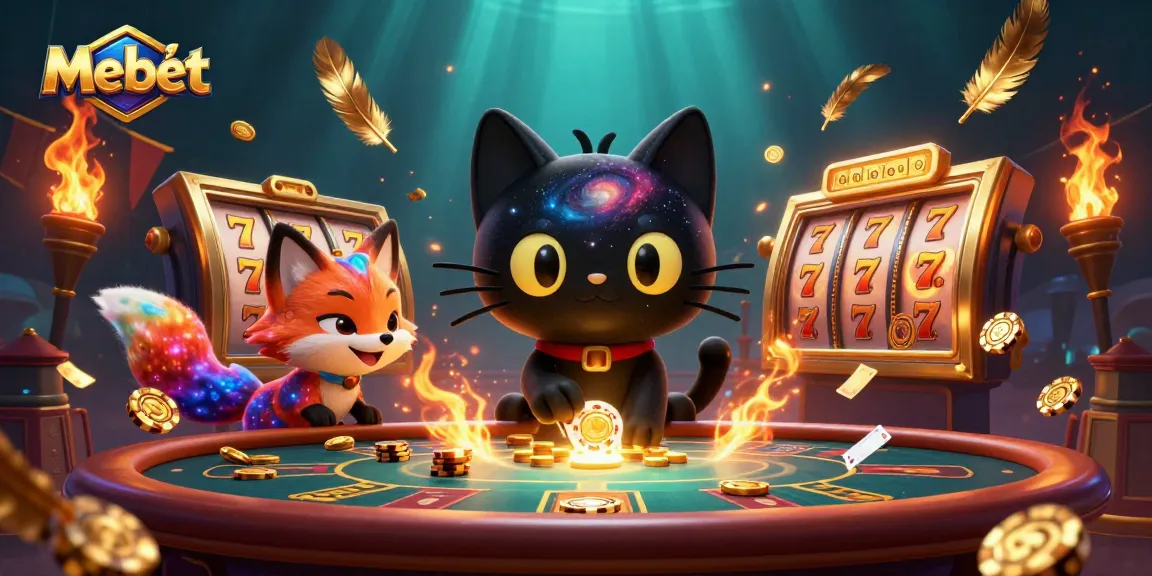Mebet engages players with a dynamic casino scene featuring a black hole cat and a nebula fox.