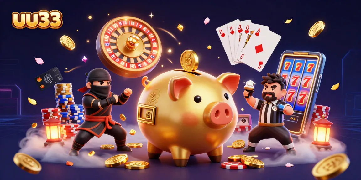 uu33 showcases a golden piggy bank sumo wrestler, wallet-ninja, and credit-card referee in a vibrant casino scene