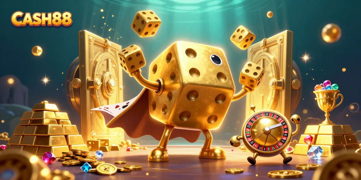 Engage with CASH88's thrilling gaming experience featuring a whimsical golden dice golem amidst treasures.