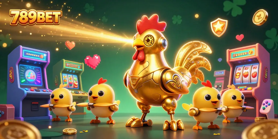 Experience the excitement of 789BET with a vibrant 3D illustration of a golden rooster robot amidst slot machines and game elements.
