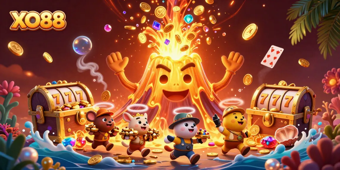 Experience thrilling wins at XO88 with golden coins erupting from a volcano, celebrating online fun.