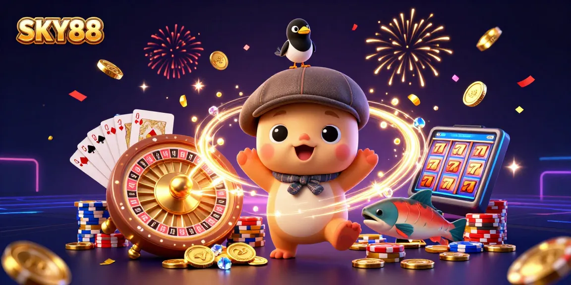 Engage in thrilling gambling excitement with SKY88's vibrant casino illustration featuring riches and cheerful characters.