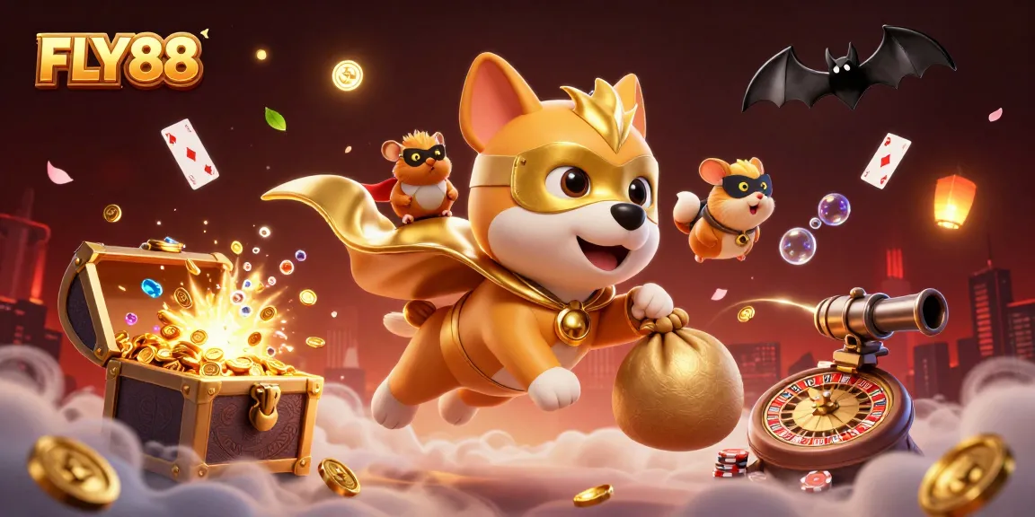 FLY88 invites players to jackpot thrills with a 3D superhero dog and lively gaming elements.