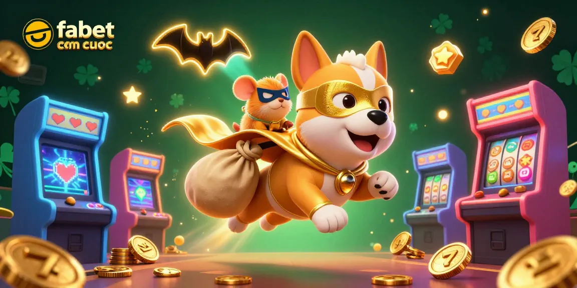 Experience fabet com ca cuoc as a superhero dog delivers gold coins surrounded by colorful casino games.