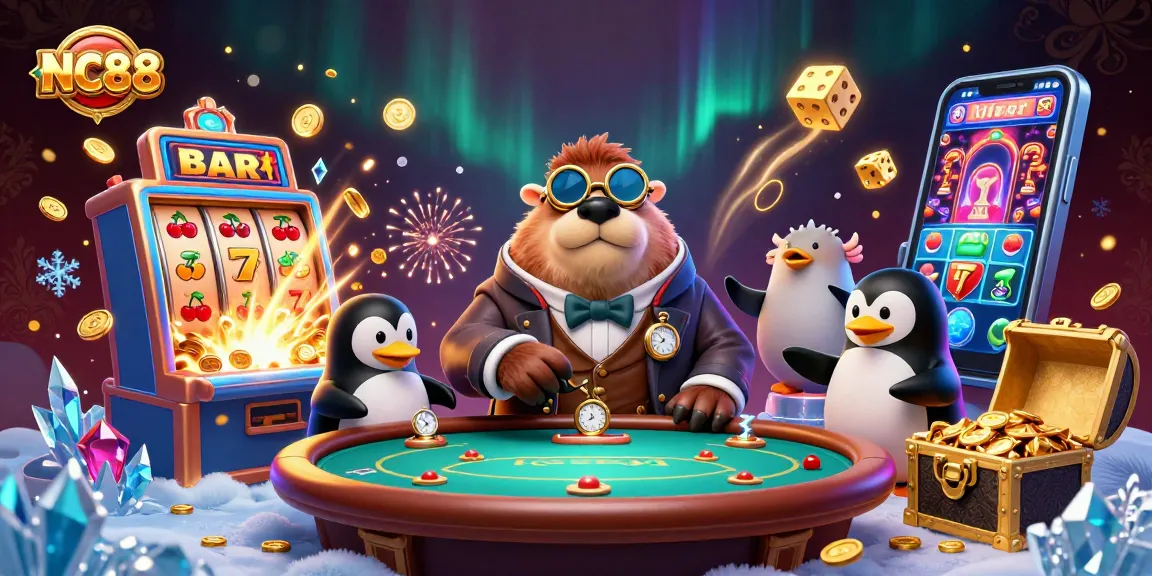 Engage in thrilling gameplay at NC88 as a jolly walrus plays poker with a classy penguin dealer and a bluffing pufferfish.