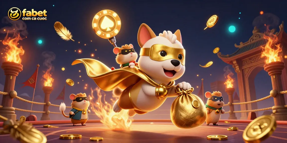 Experience fabet com ca cuoc with a vibrant 3D casino scene featuring a superhero dog and gold coins.