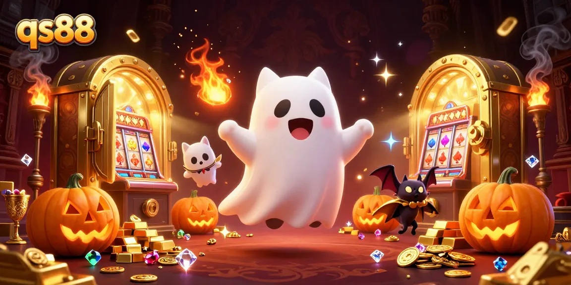 Experience qs88's thrilling ambiance with a ghost cat and bat in a vibrant casino.