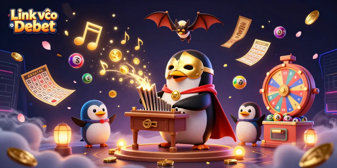 Engage players with Link vào Debet in a dynamic lottery-themed casino scene filled with 3D characters and elements.