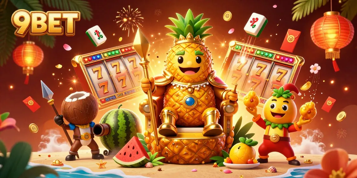 Engage with 9BET's exhilarating gaming adventure featuring golden pineapple king and vibrant casino elements.