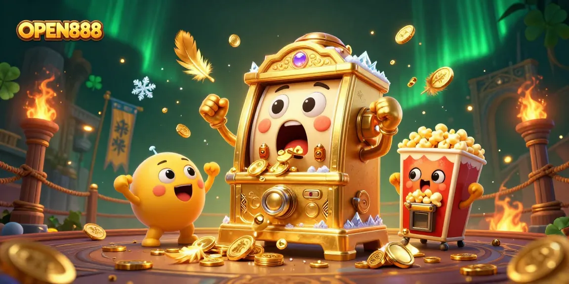 Experience the excitement of OPEN888 as the golden slot machine hits a jackpot, surrounded by cheering mini slots.