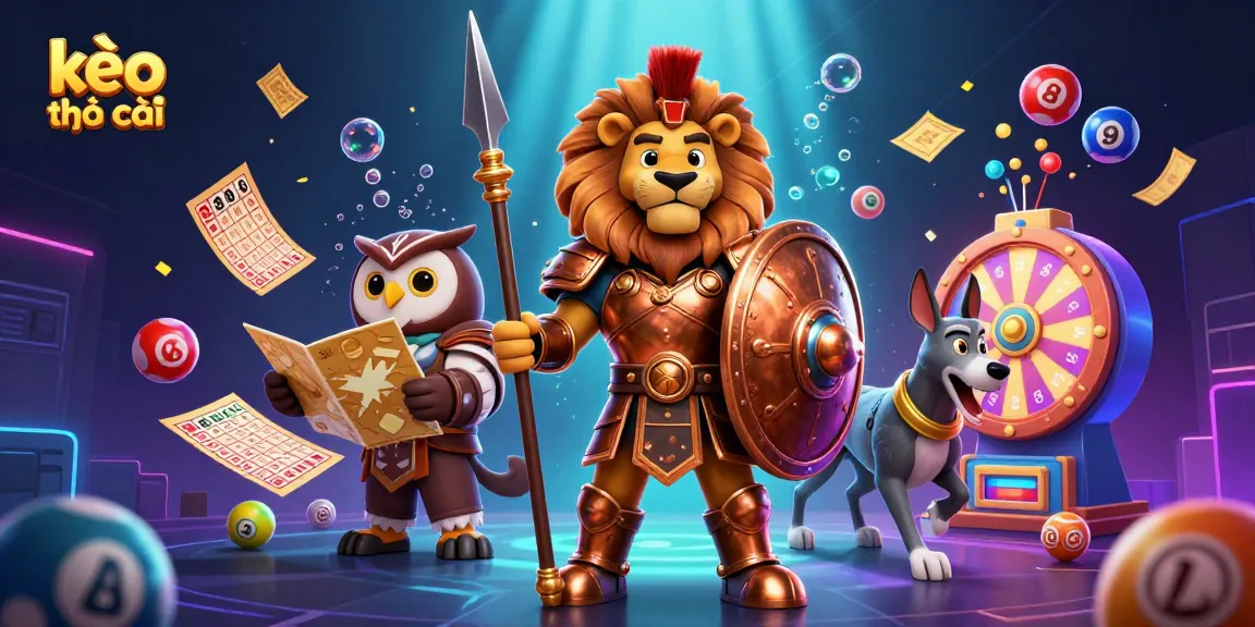 Experience the excitement of kèo nhà cái with a dynamic 3D scene featuring a Spartan lion, tactical owl, and greyhound amidst vibrant gambling elements.