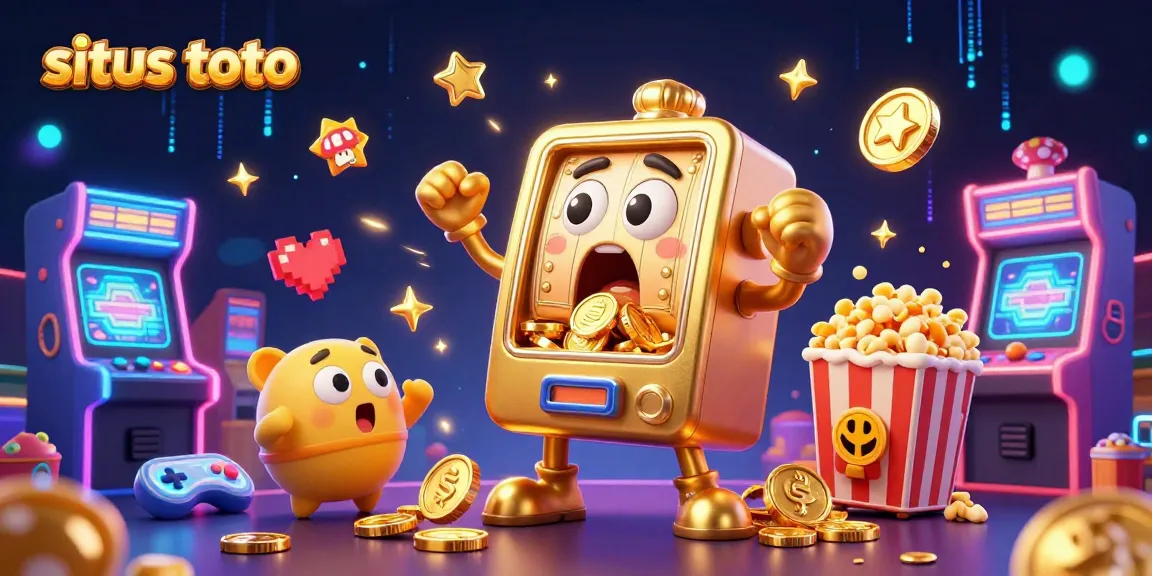 Join the excitement of situs toto as a golden slot machine hits the jackpot in a vibrant gaming scene.