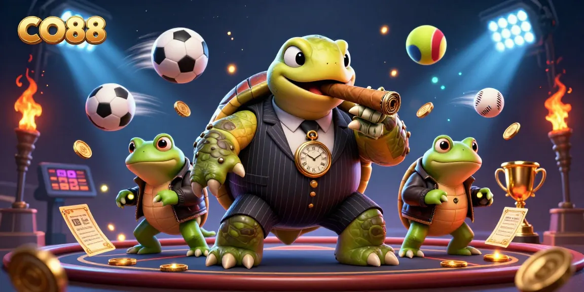Engage in thrilling casino action with CO88 featuring a turtle mobster and bullfrog enforcers.