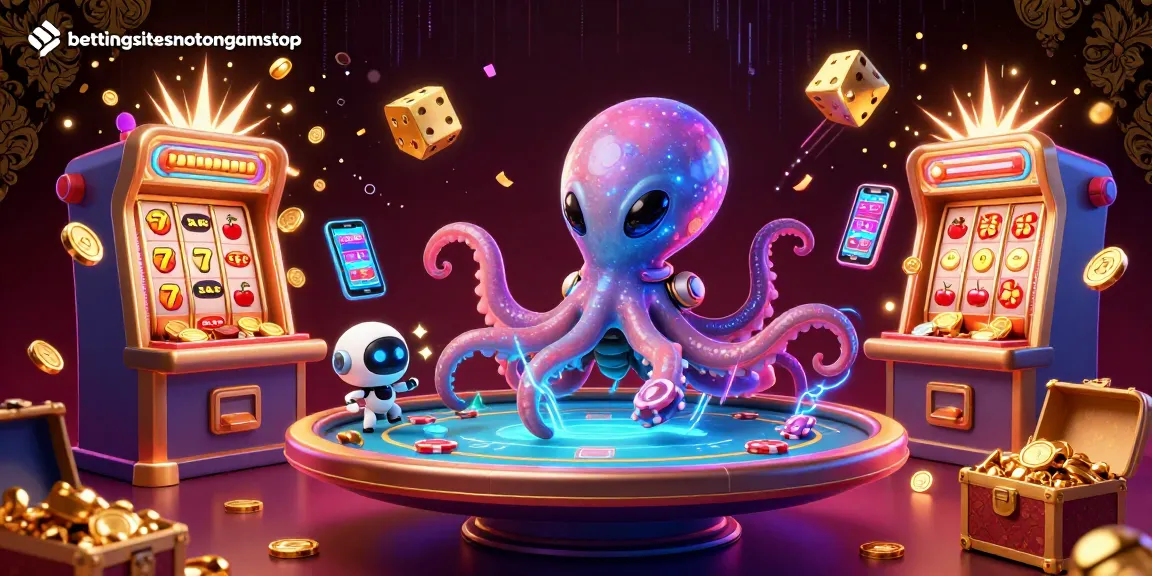 Experience immersive crypto betting action at bettingsitesnotongamstop with an octopus and robot amid casino elements.