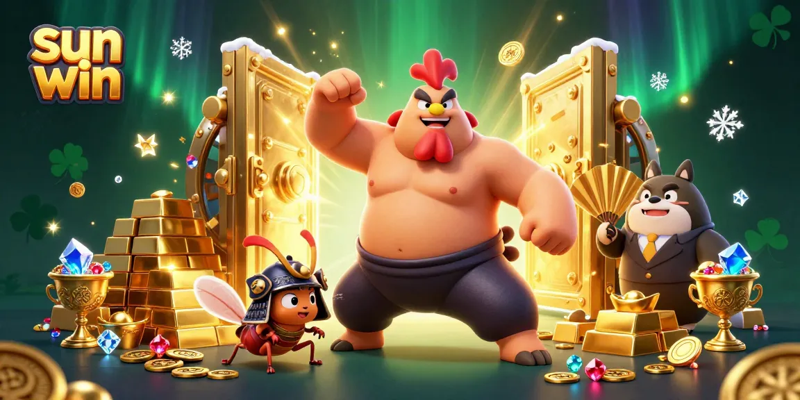 Engage in the excitement at sun win with a vibrant casino scene featuring a powerful sumo rooster and treasures.