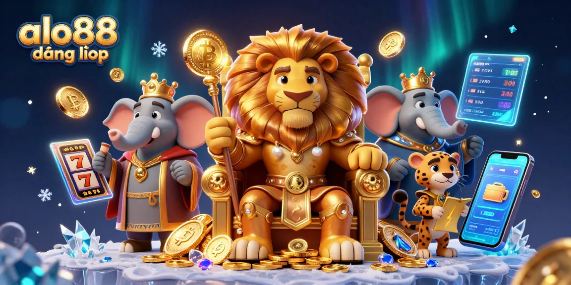 Engage with alo88 đăng nhập in a vibrant casino scene featuring a lion king, elephant advisor, and cheetah messenger.