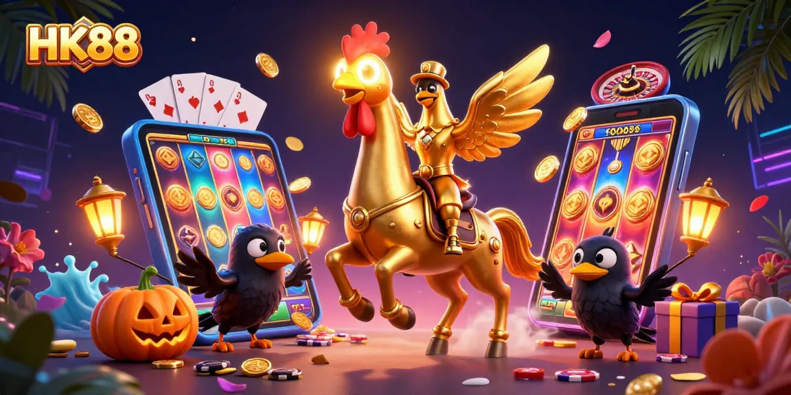 Experience the excitement of HK88 as a golden rooster gaming in a vibrant casino scene.