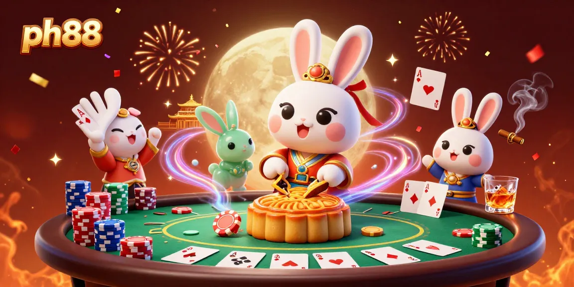 Experience the charm of ph88 casino with animated moon rabbit characters and poker elements.