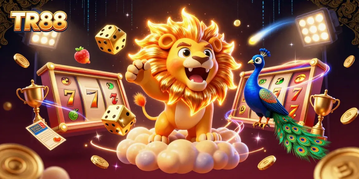 Experience the excitement of TR88 with vibrant imagery of slots, coins, and a lion amidst dynamic gaming elements.