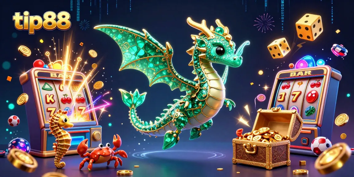 Experience thrill at tip88 with a vibrant 3D dragon guarding treasures and dynamic gambling elements.