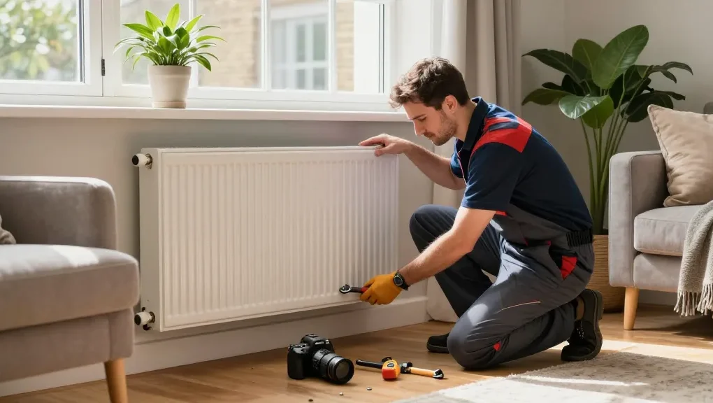 Heating services in London being professionally maintained in a stylish home with a technician working on a radiator.