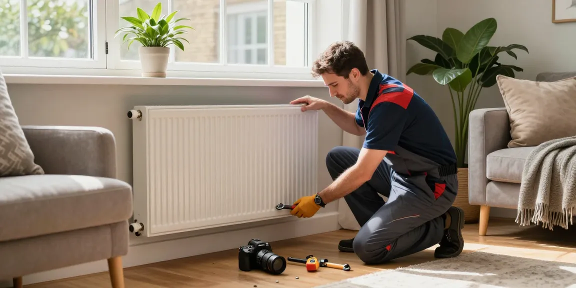 Heating services in London being professionally maintained in a stylish home with a technician working on a radiator.