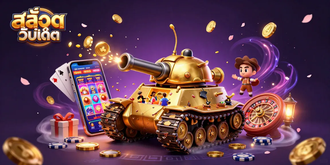 Experience exciting สล็อตอัพเดท gameplay with a 3D golden beetle tank casino and interactive slot elements.