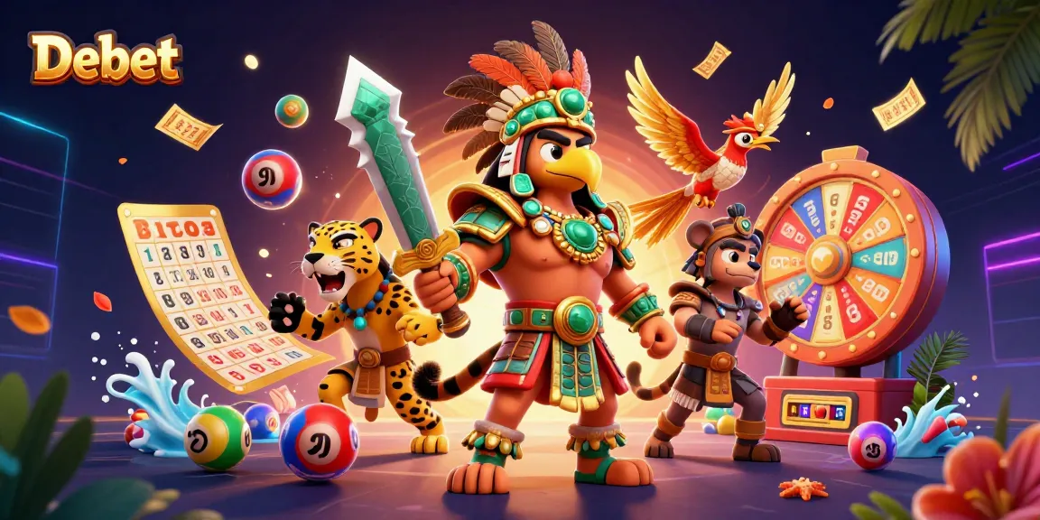 Win at Debet with dynamic lottery elements surrounding Aztec warriors in a vibrant 3D scene.