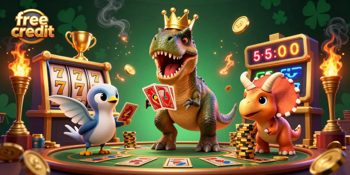Win free credit as a friendly T-Rex plays cards with a pterodactyl assistant in a vibrant casino