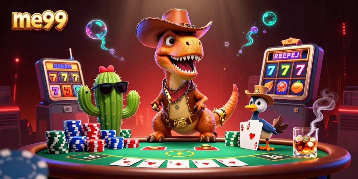 Experience thrilling gameplay at me99 with a vibrant casino scene featuring a T-Rex, cactus sidekick, and poker elements.