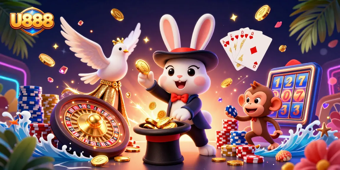 Experience the magic of U888 with a whimsical scene showcasing a magician rabbit and dynamic casino elements.