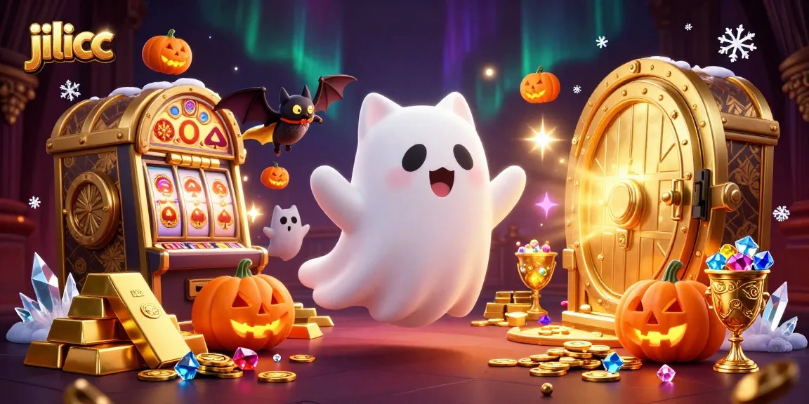Unleash excitement with jilicc's vibrant ghost cat and vampire bat in a haunted casino scene.