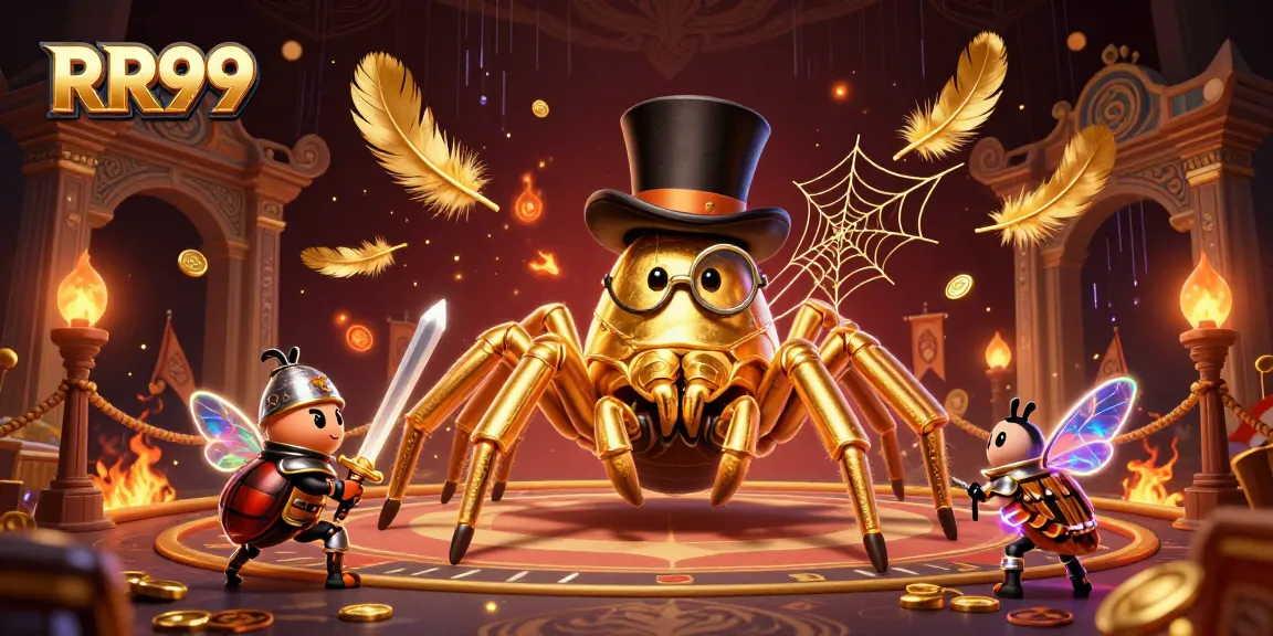 Engage with RR99’s thrilling casino adventure featuring a golden tarantula, beetle knight, and vibrant gaming elements.