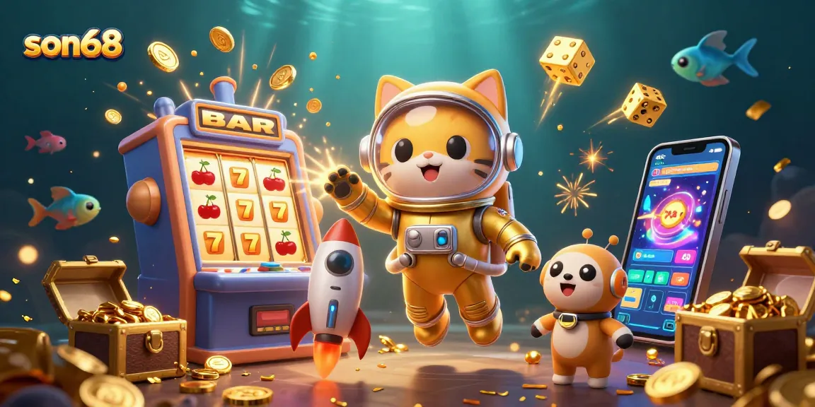 Experience thrilling gameplay at son68 with a vibrant 3D casino scene featuring astronauts and slot machines.