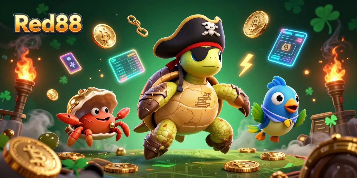 Experience the thrill at Red88 with 3D pirate characters exploring underwater treasures and crypto elements.