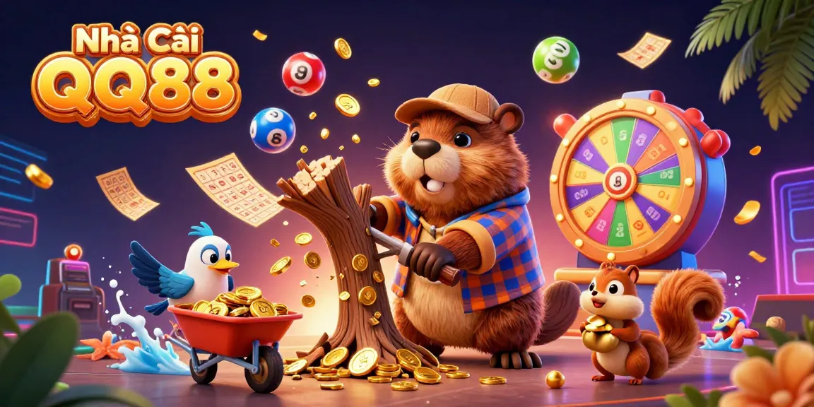 Engage in fun with Nhà Cái QQ88 while colorful lottery balls and prizes surround an exciting gaming scene.