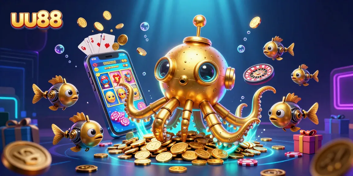 Experience thrilling jackpots at uu88 with vibrant casino elements and a golden kraken submarine.