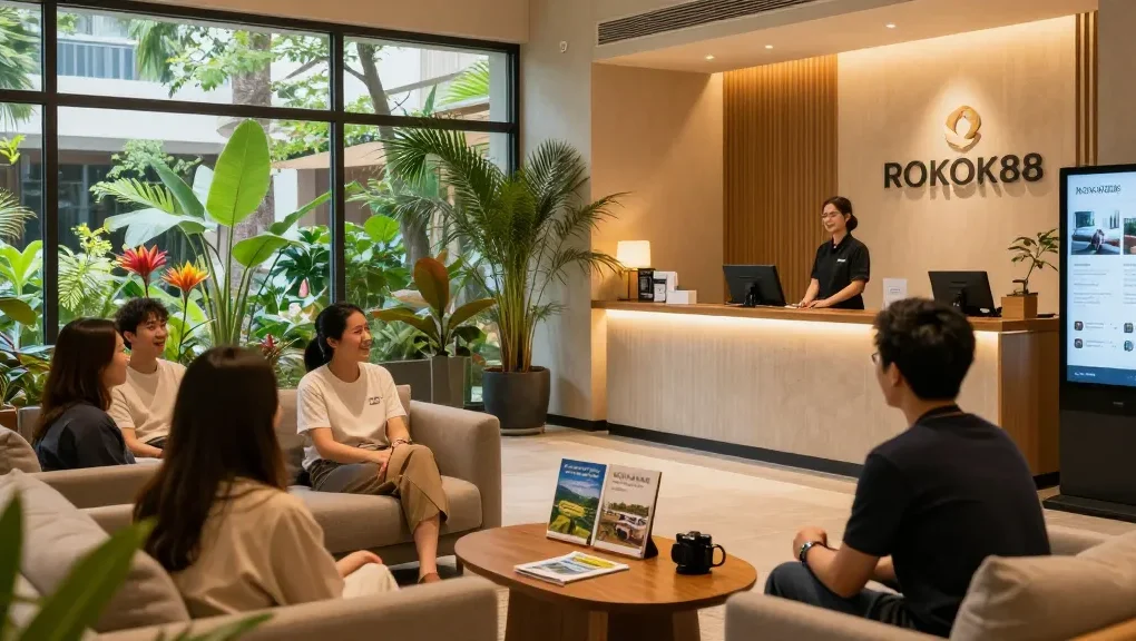 Cozy ROKOK88 lobby inviting guests with serene ambiance and warm staff, perfect for relaxation.