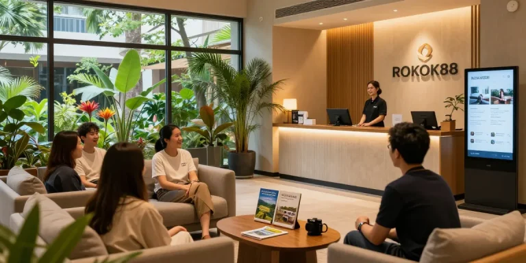 Cozy ROKOK88 lobby inviting guests with serene ambiance and warm staff, perfect for relaxation.