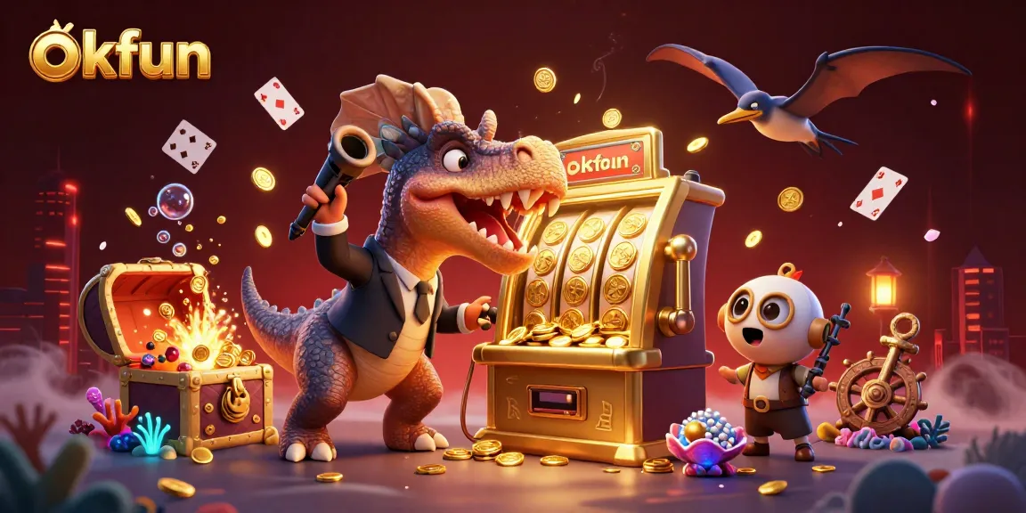 okfun slot machine scene featuring dinosaurs and treasure in a colorful casino setting