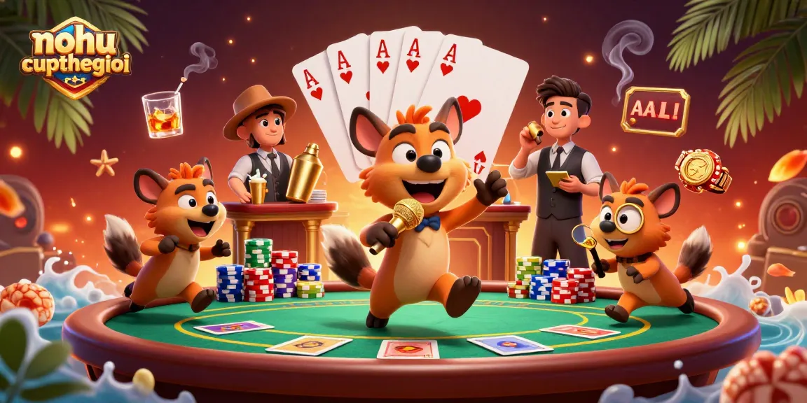 Nohu-cupthegioi showcases hyenas running a vibrant comedy casino club with poker elements.