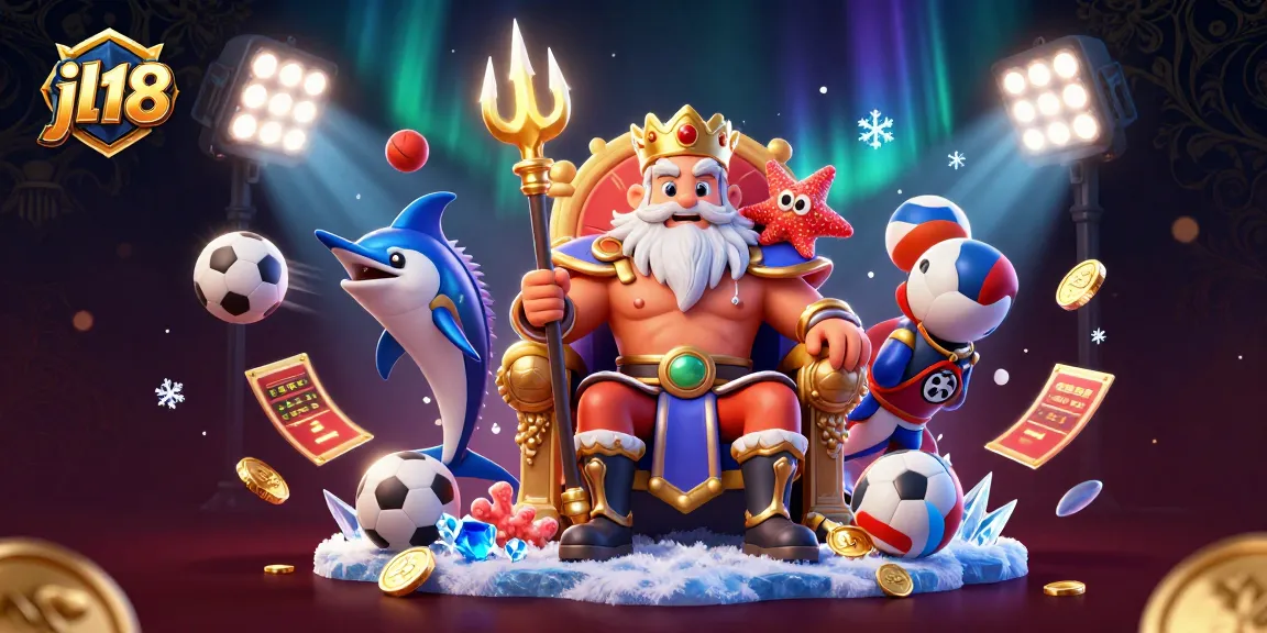 Experience thrilling gameplay at jl18 Casino with an illustration of Neptune, sports elements, and coins.